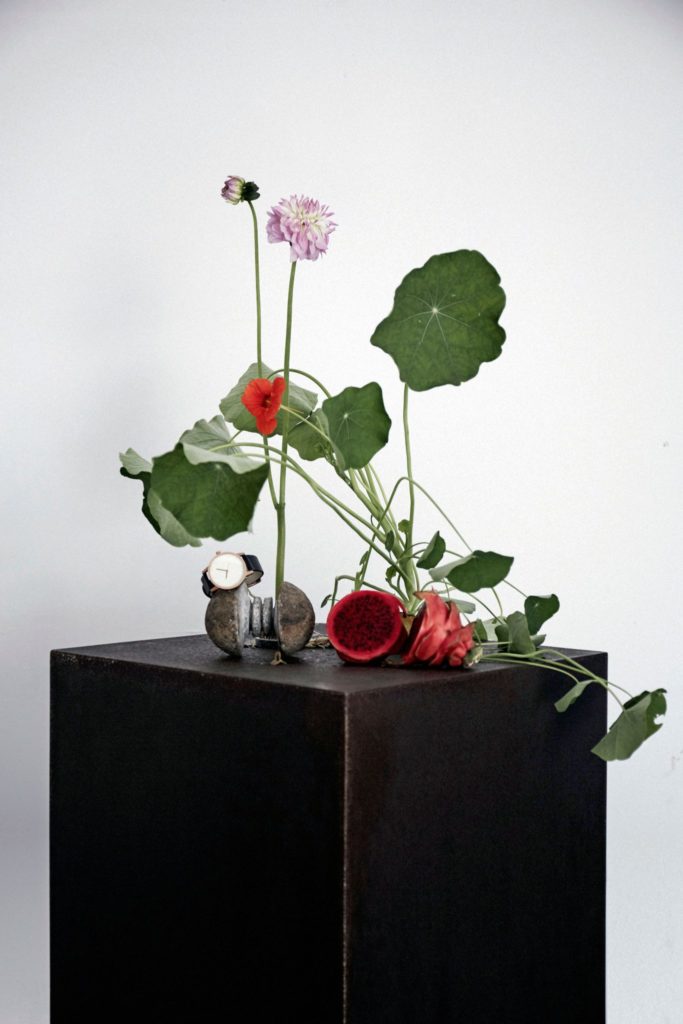 rusted steel plinth for Braer floral design with ikebana